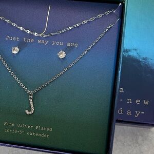 A New Day Silver J Initial Cubic Zirconia Layered Necklace & Earrings Set NIB